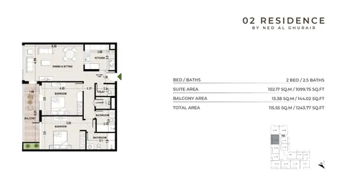 2 Bedrooms Apartment in 02 Residence by Ned Al Ghurair